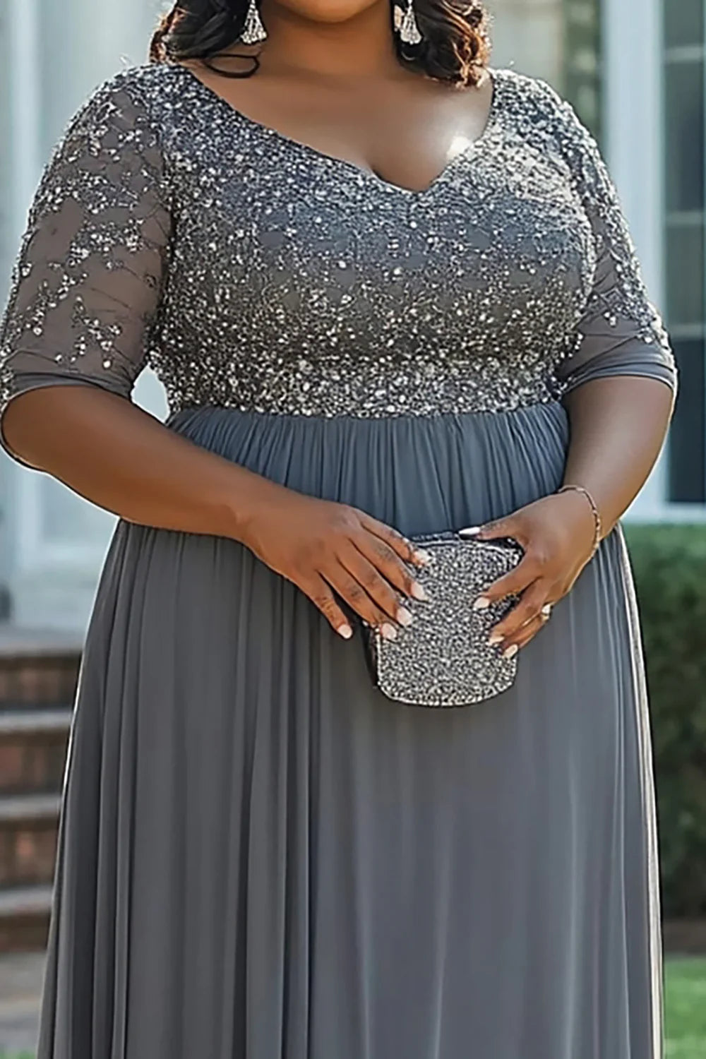 Grey Beaded A Line Plus Size Long Full Of Charm Mother of Bride Dress